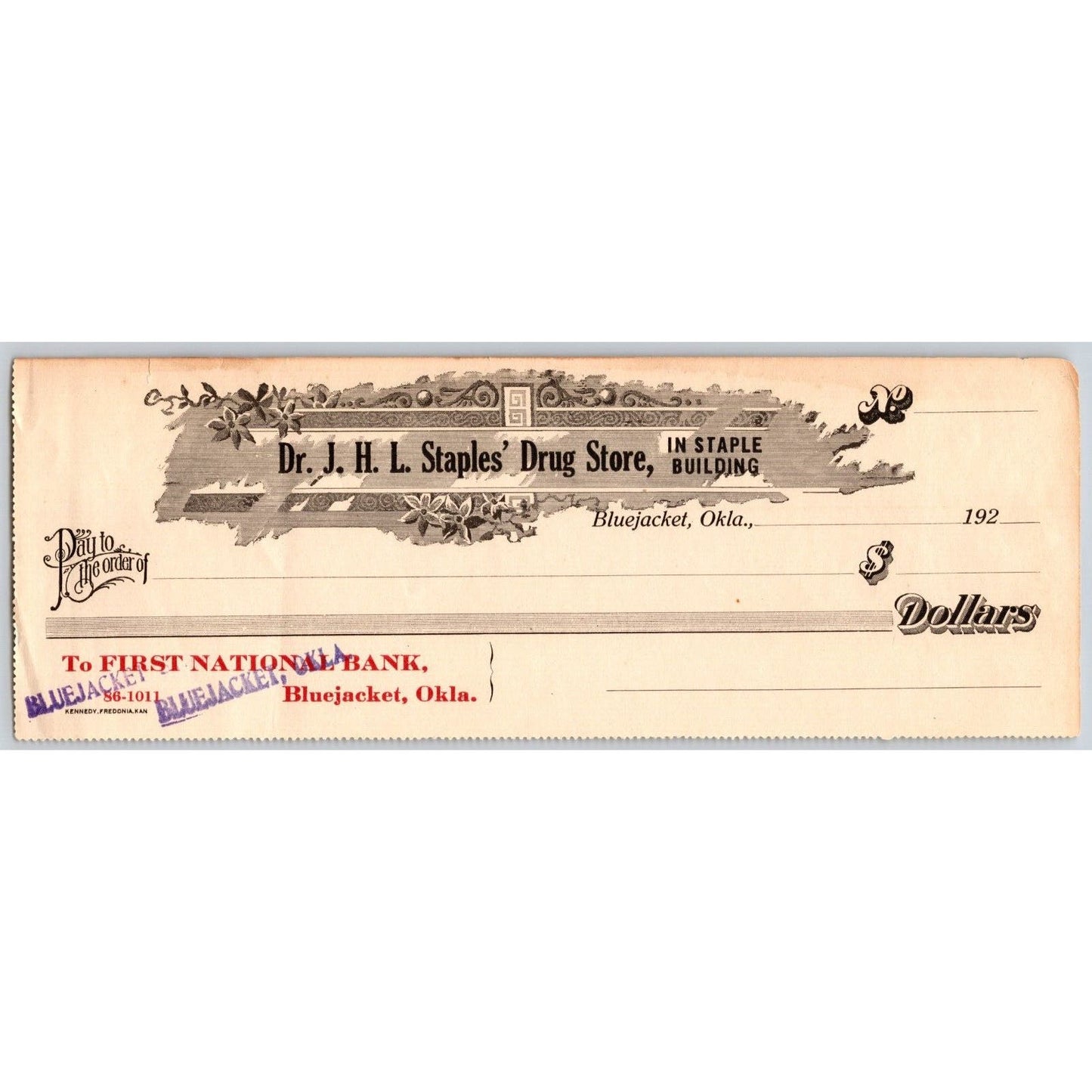 Bluejacket, OK c1920-29 J.H.L. Staples' Drug Store Unused Bank Check Scarce
