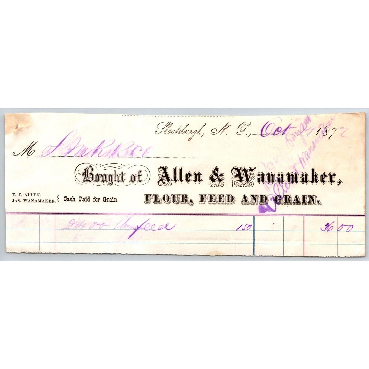 Sloatsburgh, NY Allen & Wanamaker Co. 1872 Billhead / Sterling Railroad