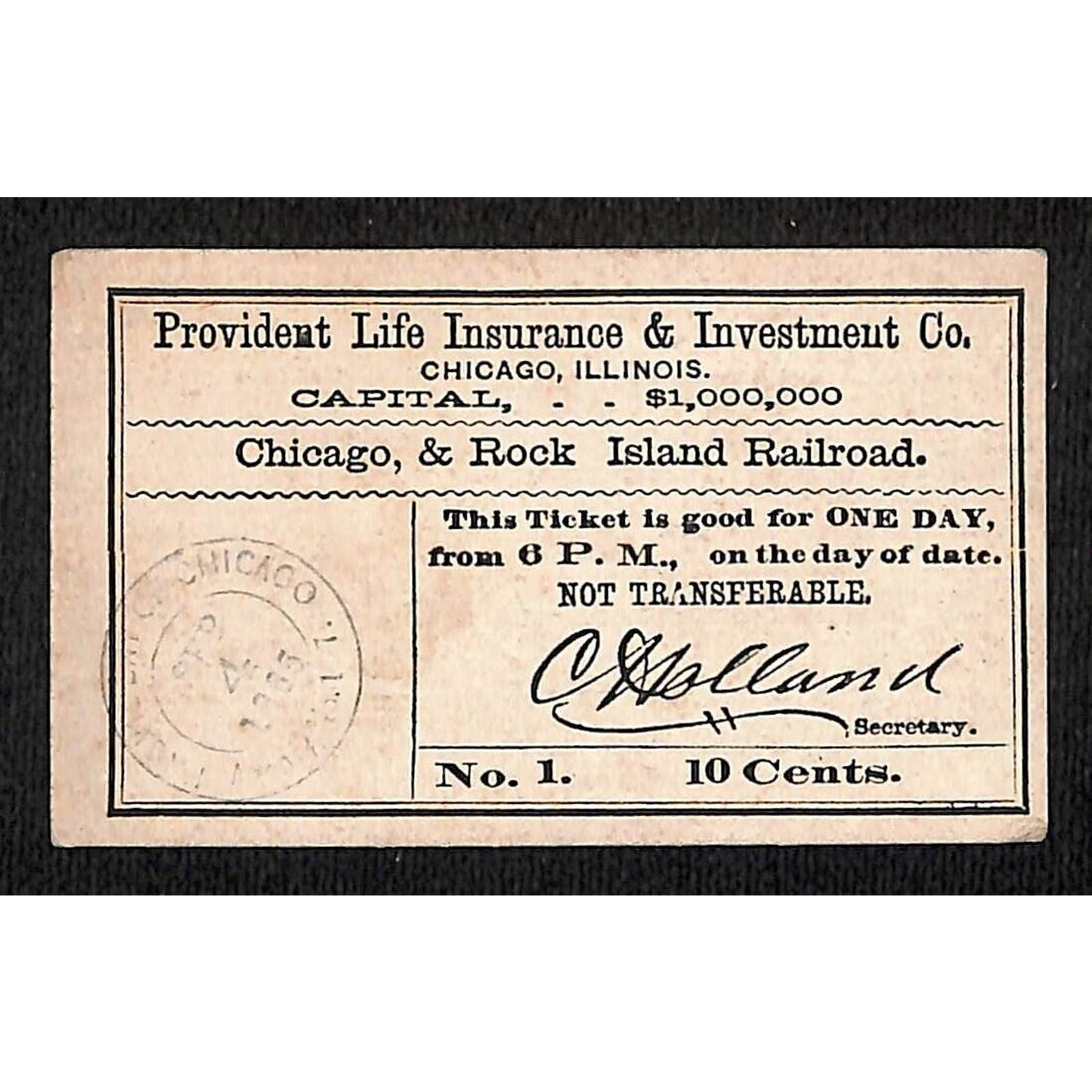 Chicago, & Rock Island Railroad 1885 One Day Ticket w/ Provident Ins. Coverage