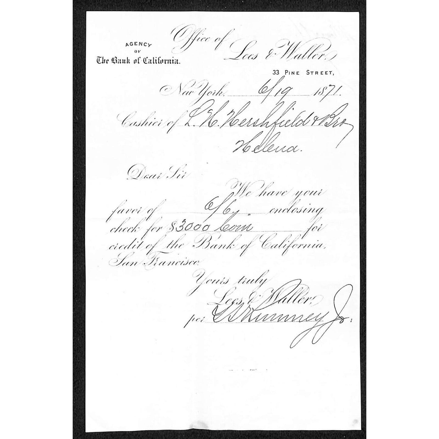 Bank of California San Francisco 1871 Helena, MT / New York Document $3,000 Coin