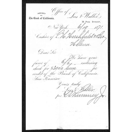 Bank of California San Francisco 1871 Helena, MT / New York Document $3,000 Coin
