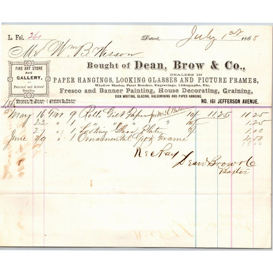 Detroit Letterhead Dean, Brow & Co. Gallery Looking Glasses Picture Frames 1868