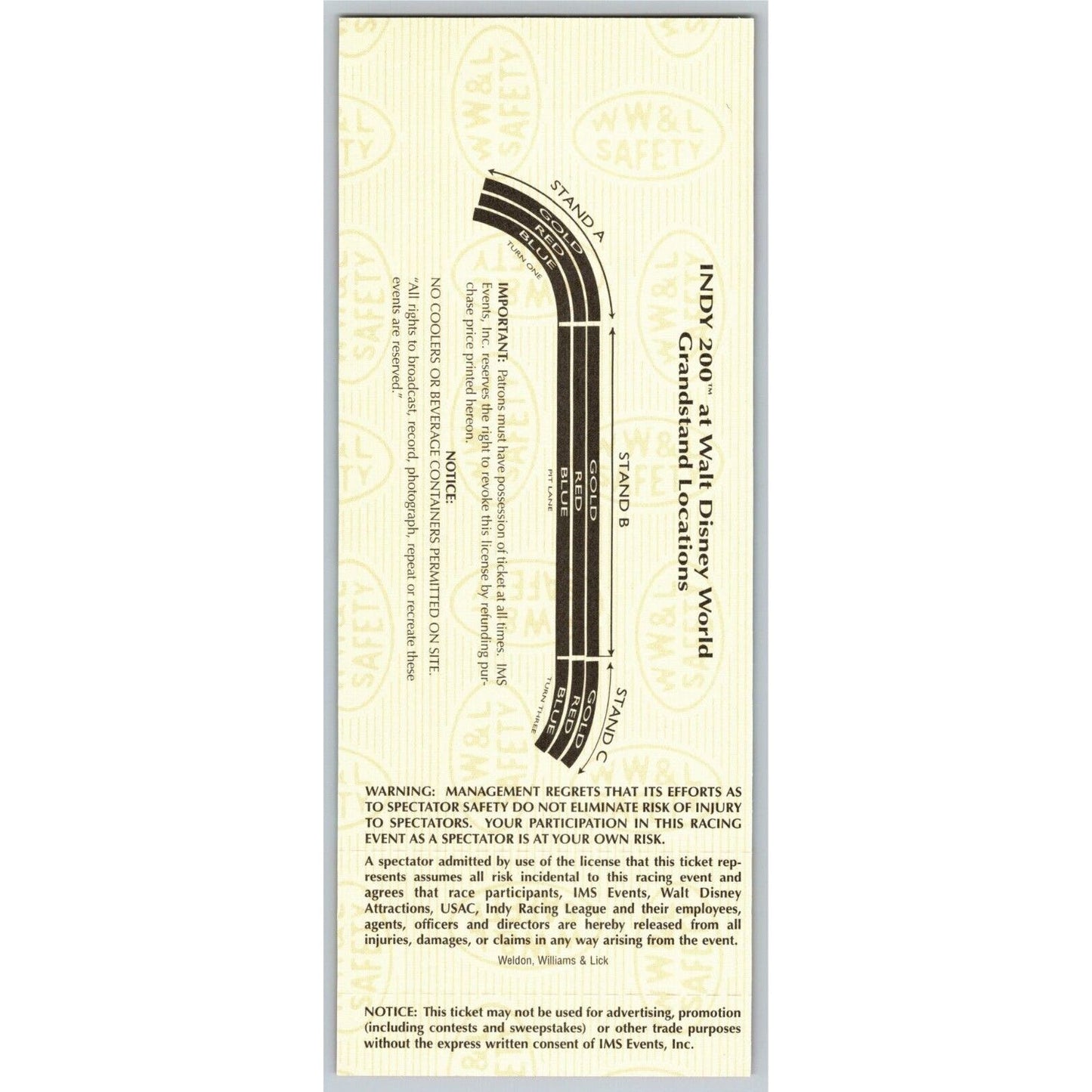 1997 Indy 200 Walt Disney World Thursday 1/23 Practice Unused Ticket - Seat 15