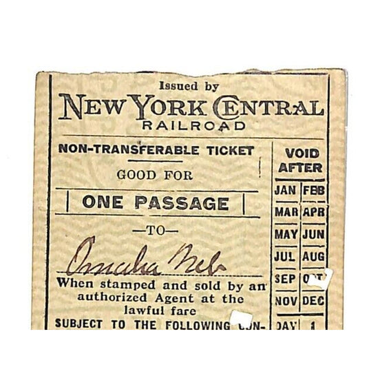 New York Central Railroad Ticket 1920 via CGW "Chicago to" #2923