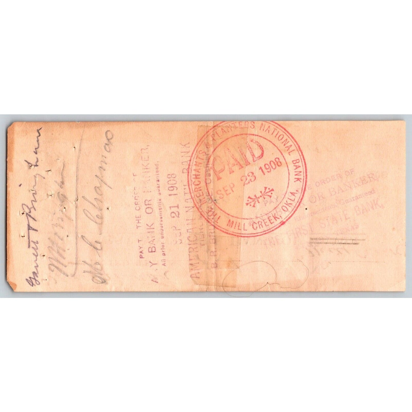 Mill Creek / Ravia Oklahoma Indian Territory* 1908 FNB Bank Check Scarce