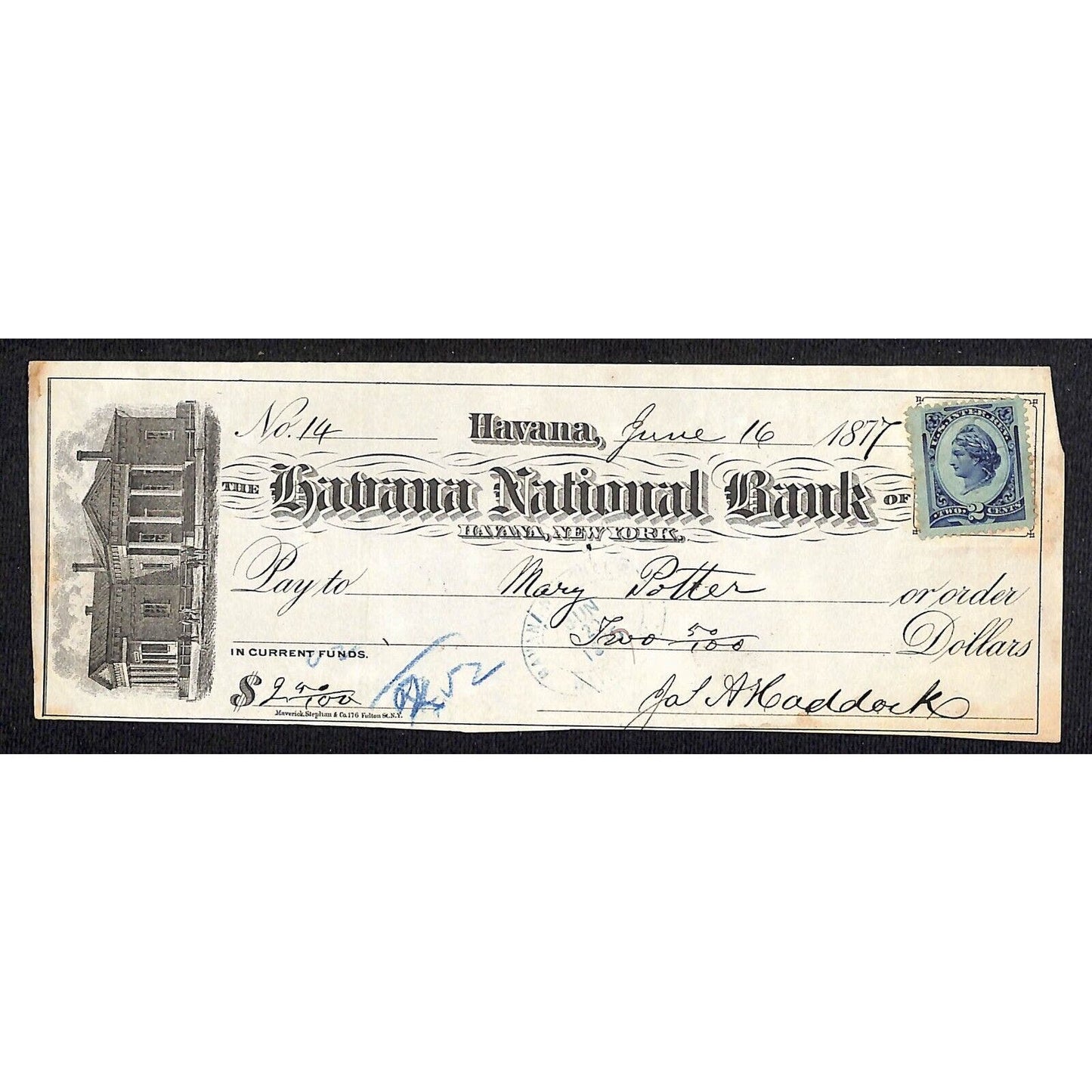 Havana, NY Havana National Bank 1877 Check w/ Rev. Stamp & Building Vignette