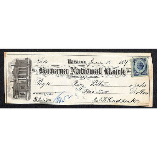 Havana, NY Havana National Bank 1877 Check w/ Rev. Stamp & Building Vignette