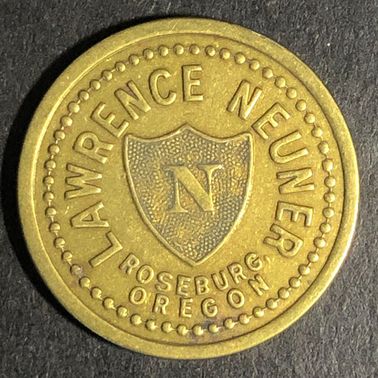 Lawrence Neuner Roseburg, ORE Cigar Store Brass G/F 5c Trade Token 21.2mm c1925