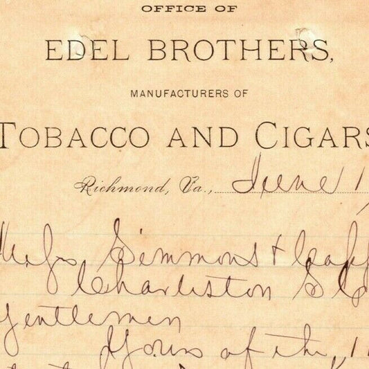 1885 Scarce Edel Brothers Tobacco Cigars Letterhead Billhead Richmond, VA