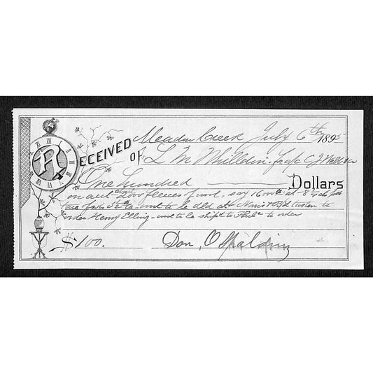 Meadow Creek (McAllister) Montana 1895 Payment Receipt w/ Pocket Watch Vignette