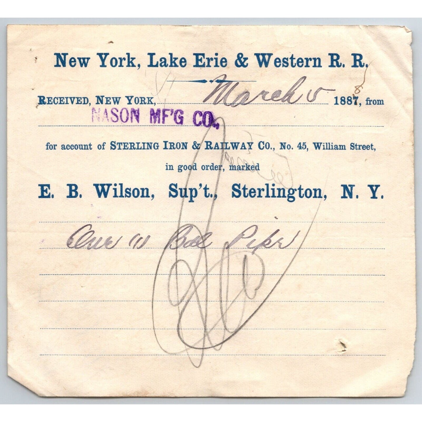 New York, Lake Erie & Western R.R. 1888 Railroad Freight Billhead Mason M'fg Co.