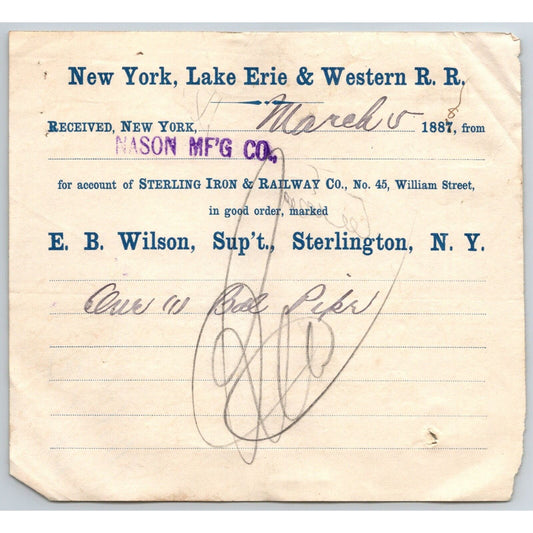 New York, Lake Erie & Western R.R. 1888 Railroad Freight Billhead Mason M'fg Co.