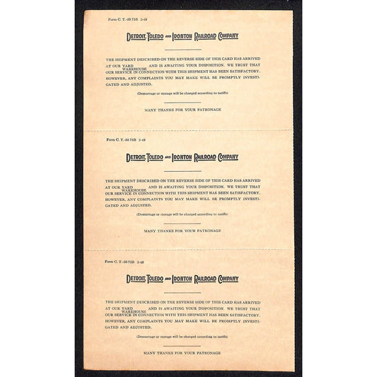 Detroit, Toledo and Ironton Railroad - c1949 Uncut Shipment Notice Postcards