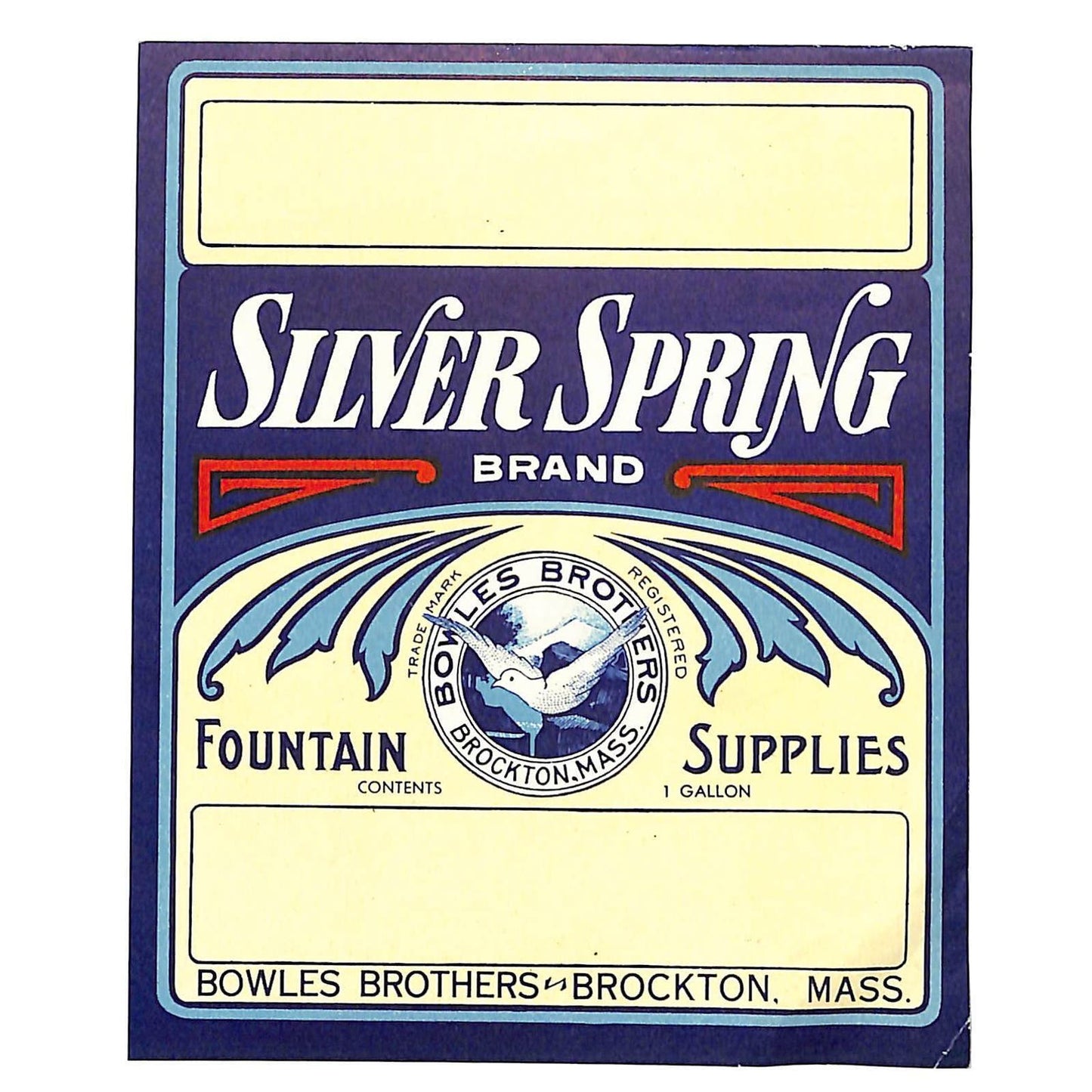 Silver Spring Fountain Supplies Paper Label Brockton, MASS. NOS Scarce VGC
