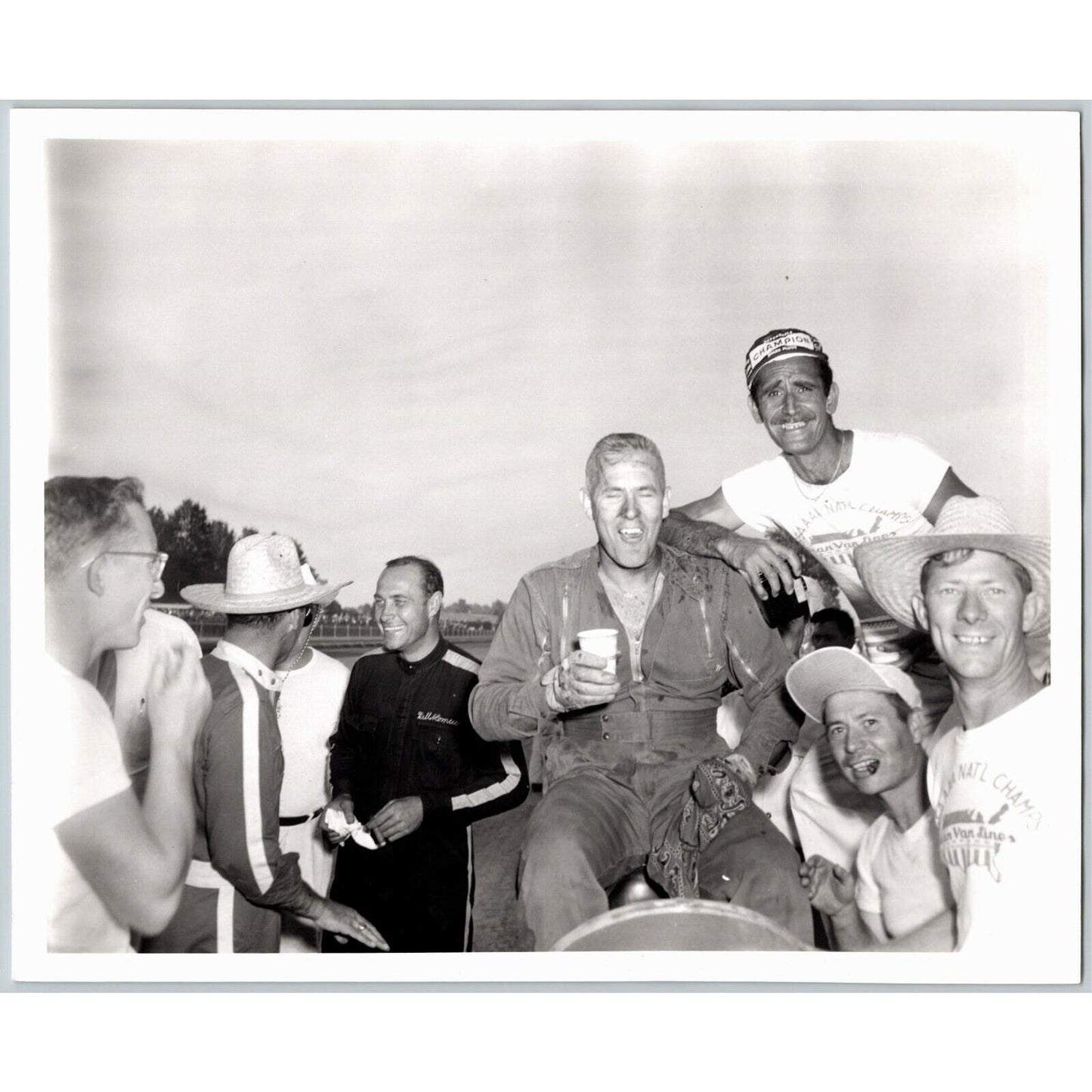 Indy 500 c1961-65 Posing w/ Crew After Race? 8x10 B&W Original Photo - Stamped