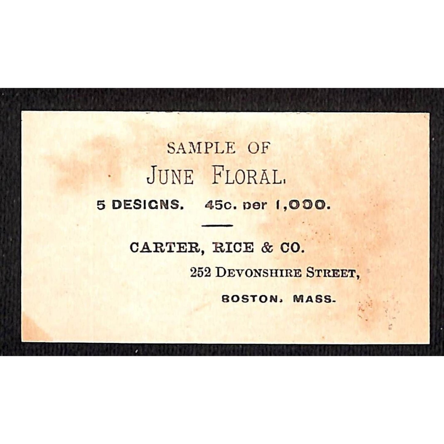 Boston, MASS Carter, Rice & Co. Sample Victorian Trade Card "June Floral"