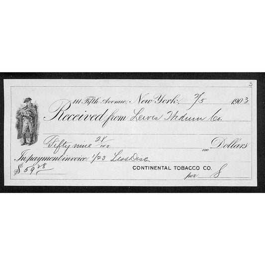 5th Ave New York City Continental Tobacco "Received From" Receipt 1903 (Check)