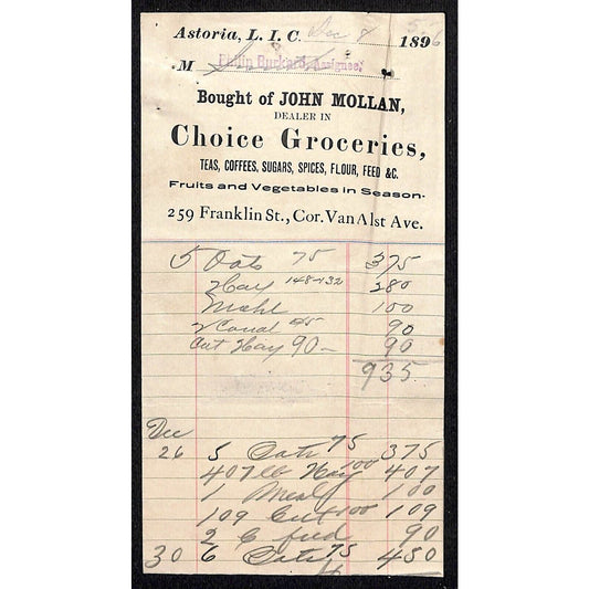 Astoria, LIC John Mollan Franklin St. Choice Groceries Receipt / Billhead