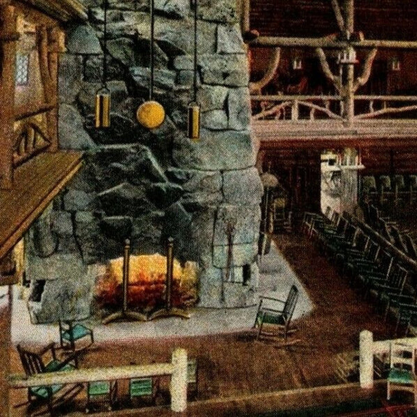 Vintage Postcard c1940's Old Faithful Inn Lobby, Yellowstone Park