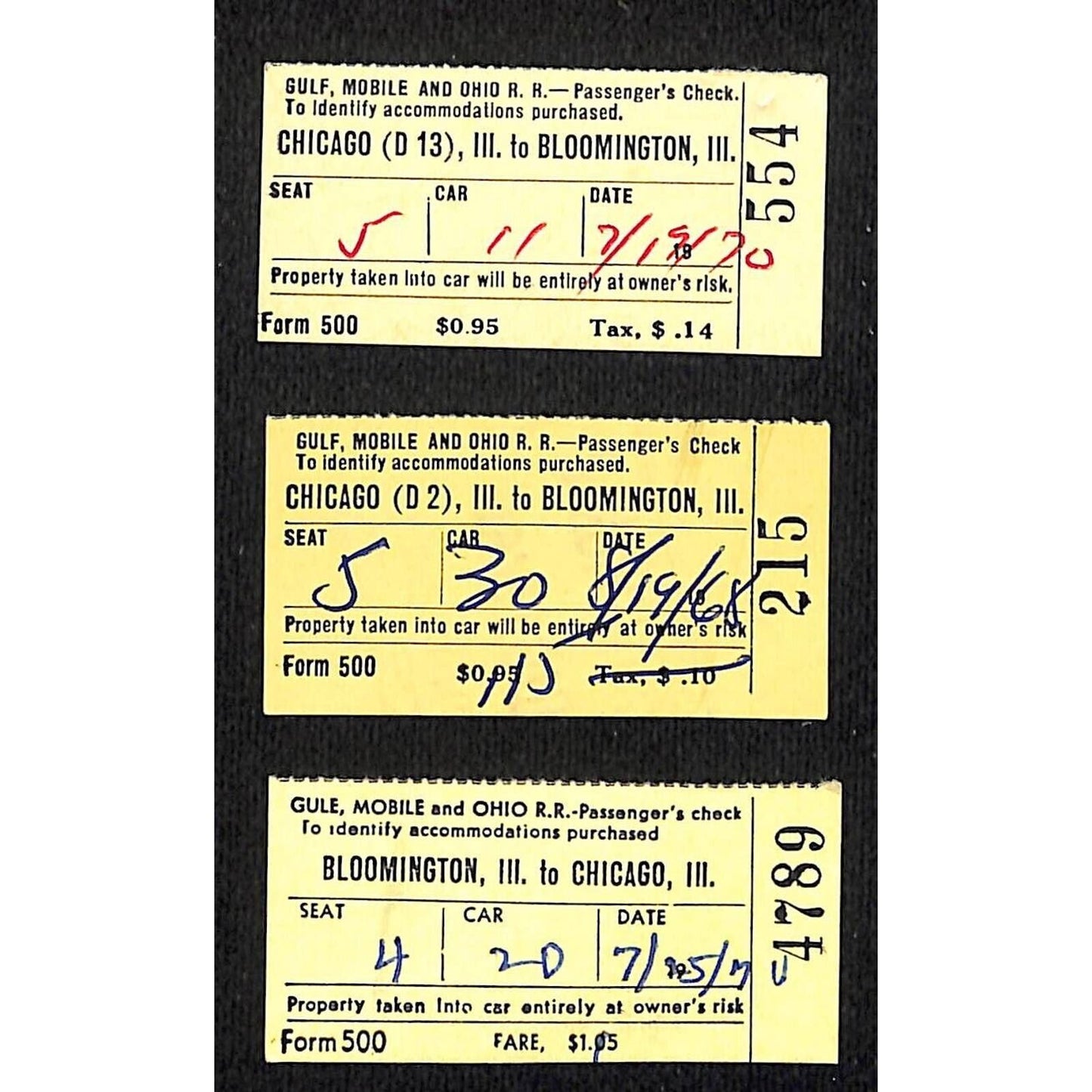 Gulf, Mobile and Ohio Railroad Group of 3 1968-70 Ticket Stubs