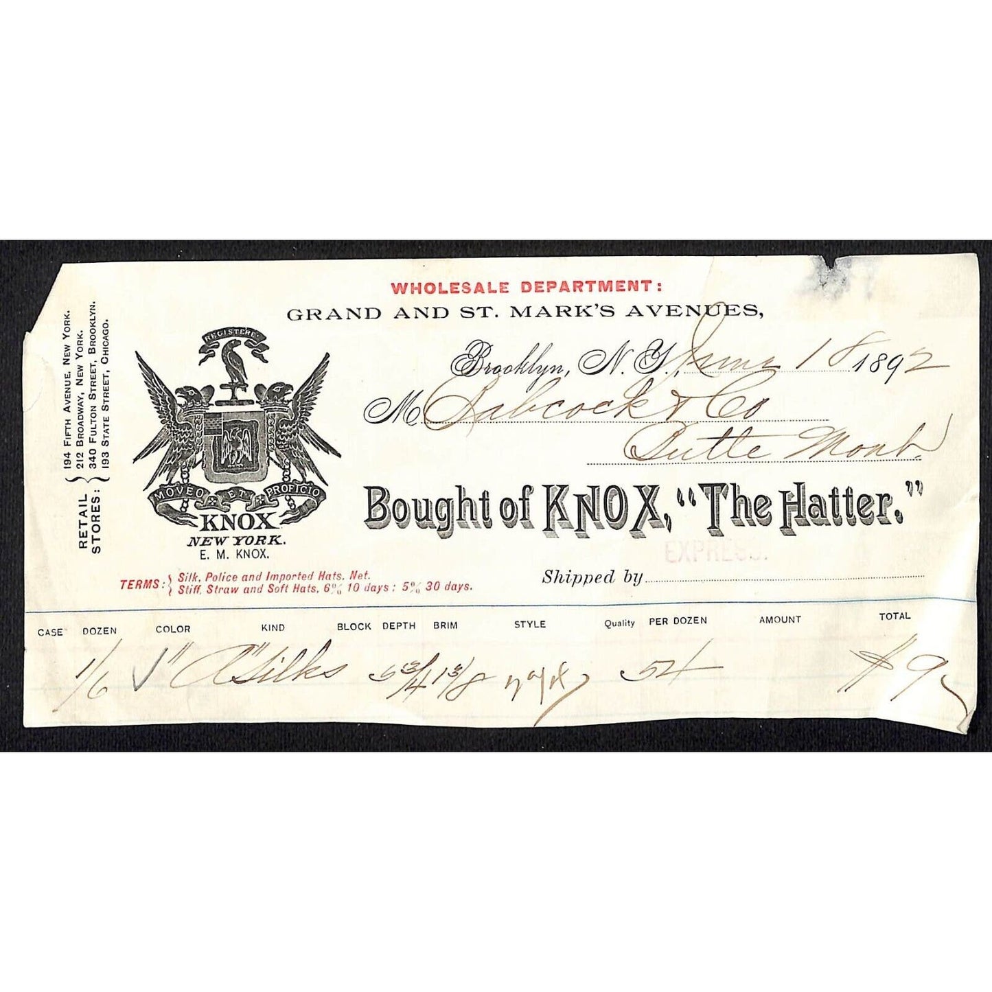 Brooklyn, NY KNOX "The Hatter" 1892 Billhead / Babcock Butte, MT