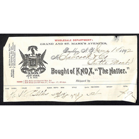 Brooklyn, NY KNOX "The Hatter" 1892 Billhead / Babcock Butte, MT