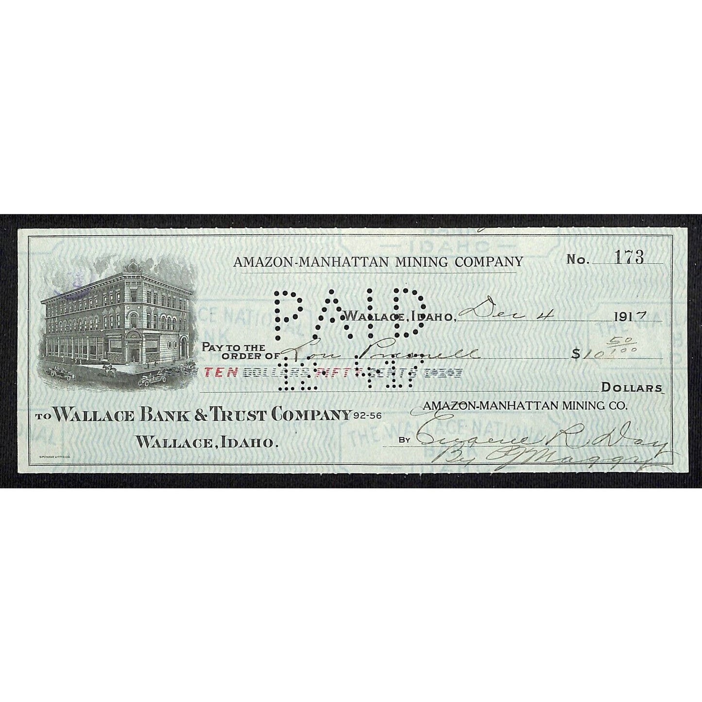 1917 Wallace, Idaho Amazon-Manhattan Mining Co. $10 Bank Check w/ Vignette