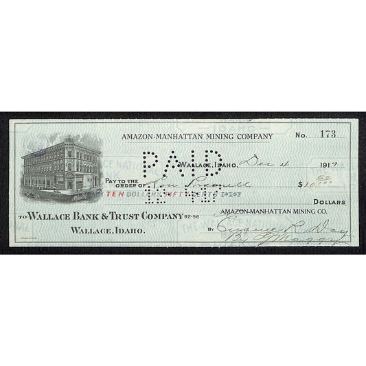 1917 Wallace, Idaho Amazon-Manhattan Mining Co. $10 Bank Check w/ Vignette