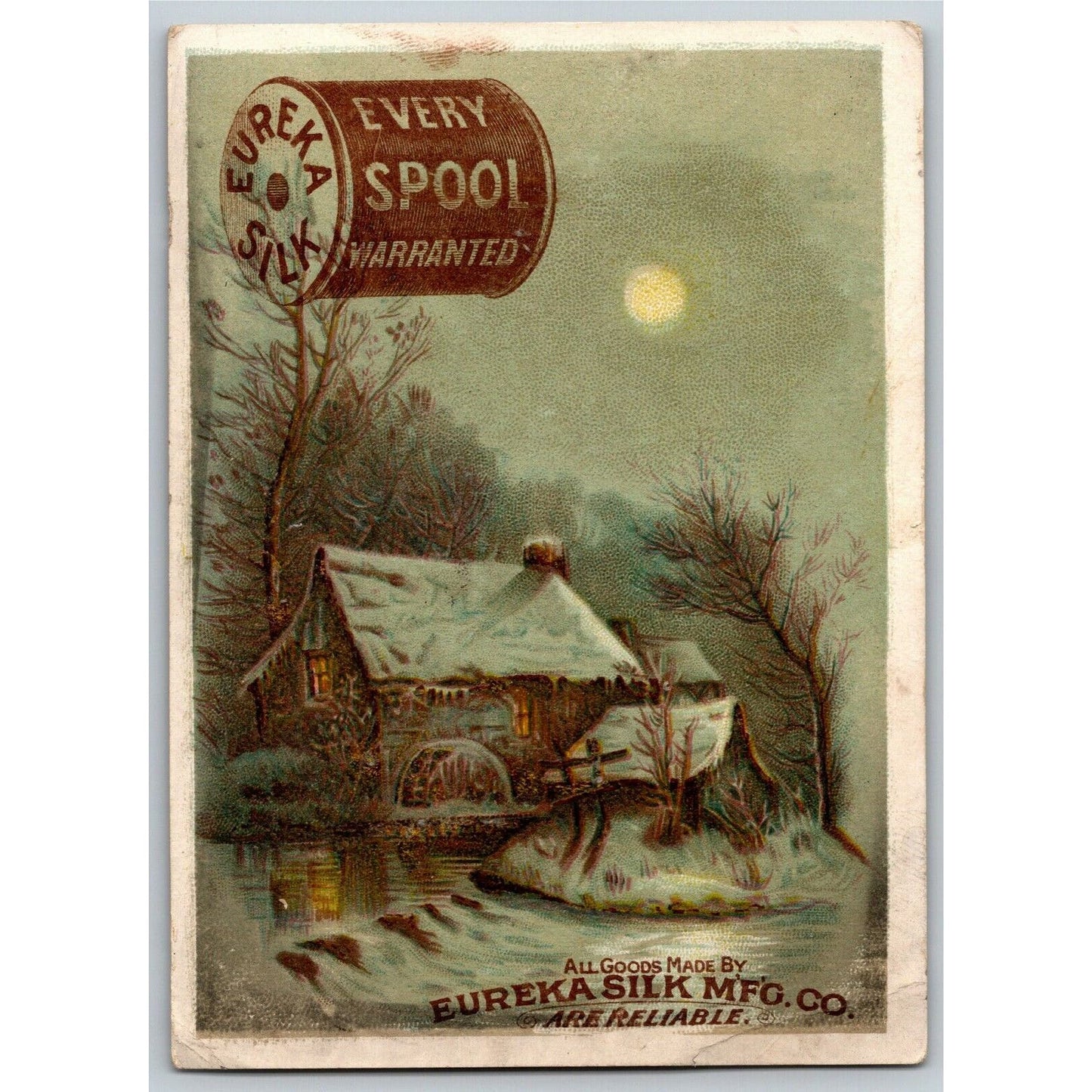 Victorian Trade Card - Eureka Silk Mfg. - Winter Water Wheel Grist Mill Scene