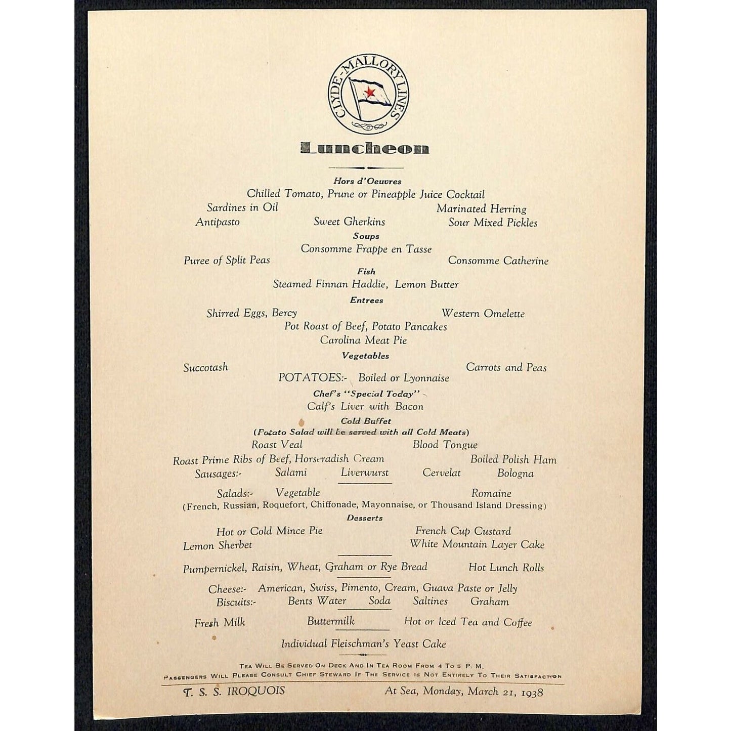 1938 Clyde-Mallory Iroquois Cruise Line Mar 21Luncheon Menu