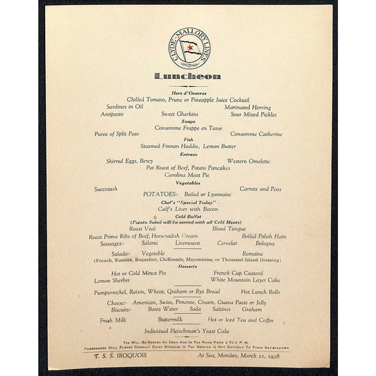 1938 Clyde-Mallory Iroquois Cruise Line Mar 21Luncheon Menu