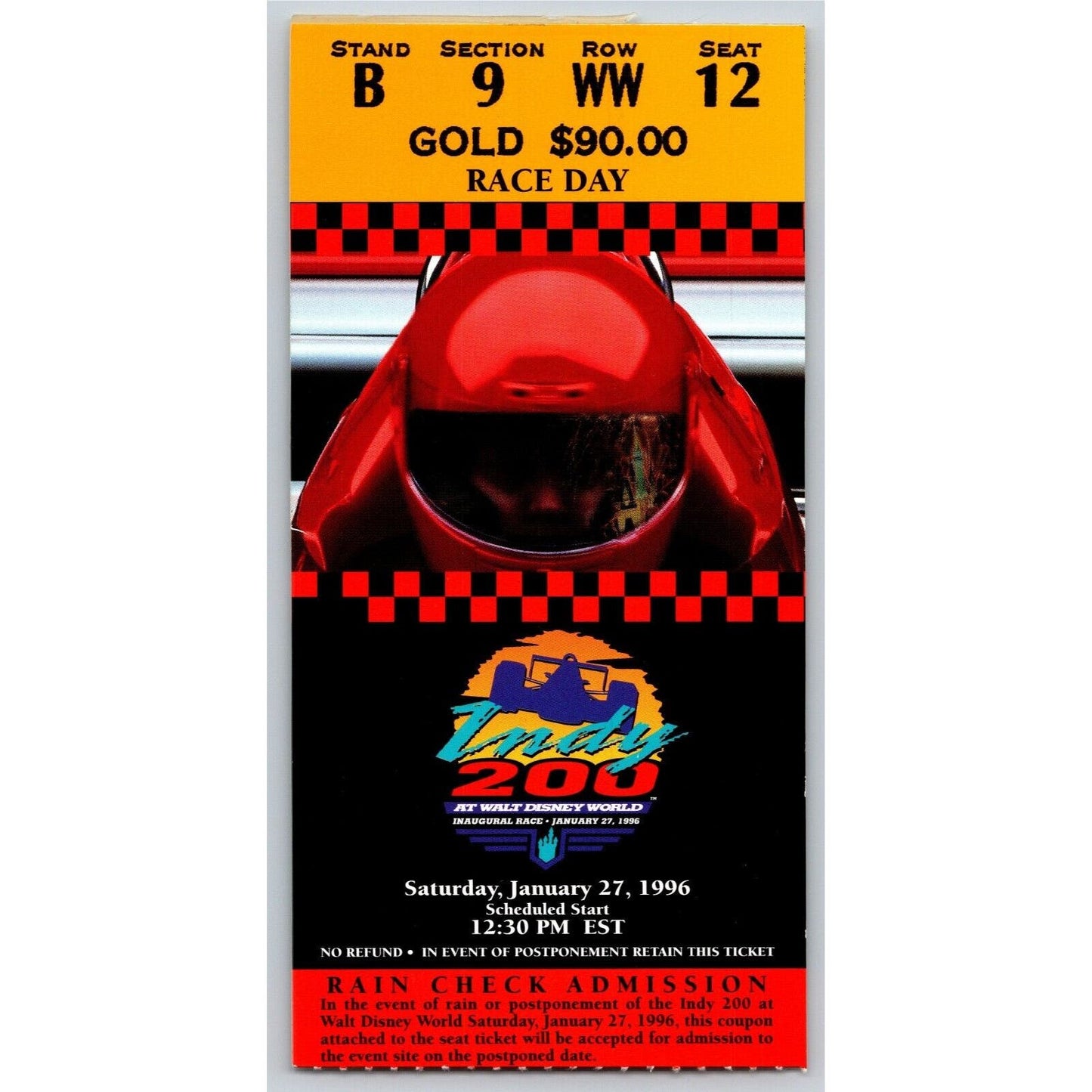 1996 Indy 200 Walt Disney World Ticket Stub - Inaugural Race - Seat 12