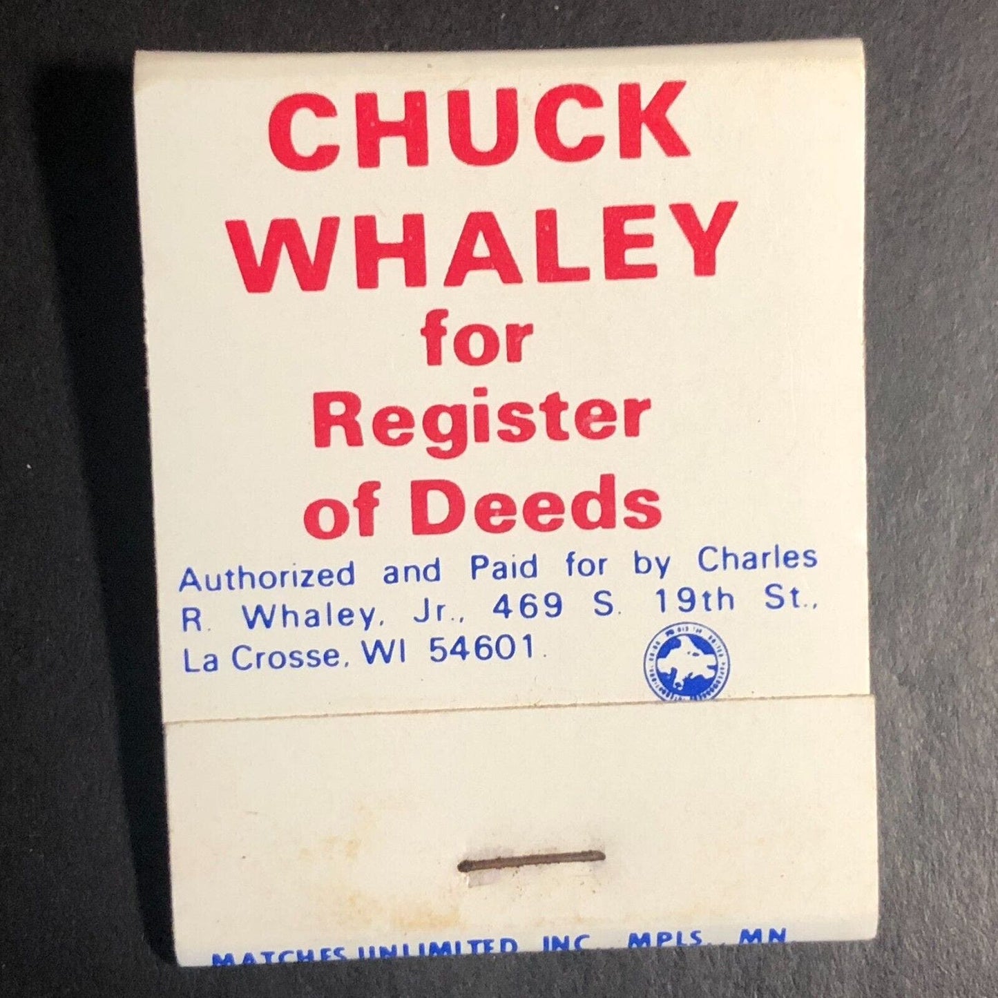 "Vote Republican" Chuck Whaley La Crosse, WI Full Matchbook c1974