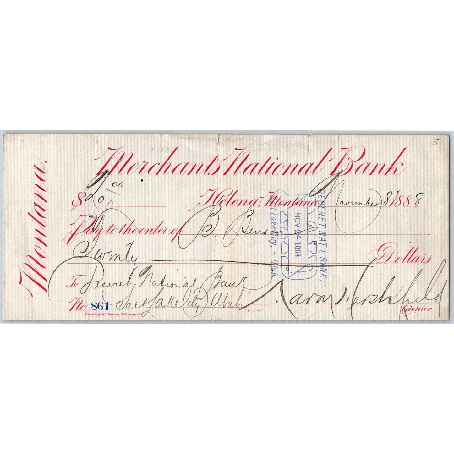 Helena Montana Merchants National Bank Check 1888 - Aaron Hershfield Signed