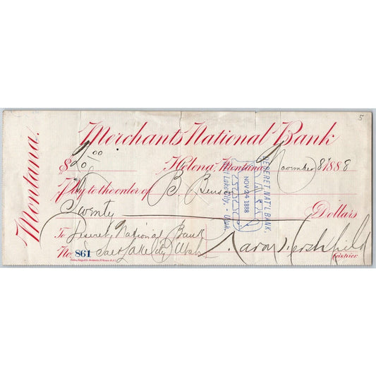 Helena Montana Merchants National Bank Check 1888 - Aaron Hershfield Signed