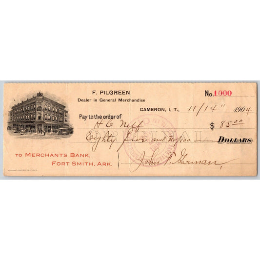 Cameron, OK Indian Territory 1904 F. Pilgreen Gen. Merch. Bank Check - Scarce