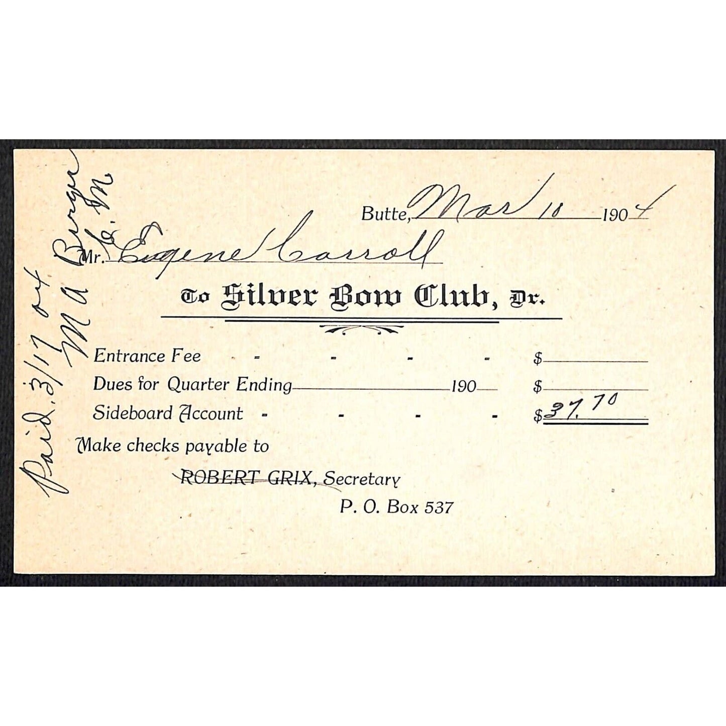 Butte Montana 1904 "Silver Bow Club" Eugene Carroll Dues Payment Receipt Card