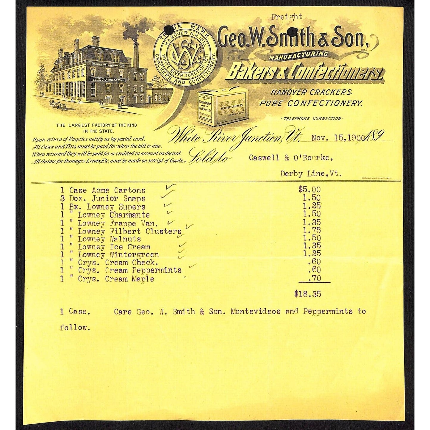 White River Junction VT Geo. W. Smith & Son Confectioners 1900 Letterhead Scarce