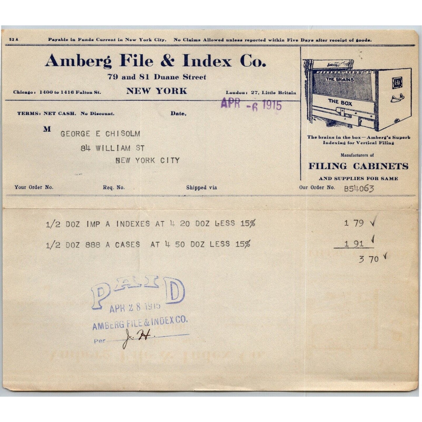 1915 "Amberg File & Index" Filing Cabinets Billhead Letterhead Duane St. NYC