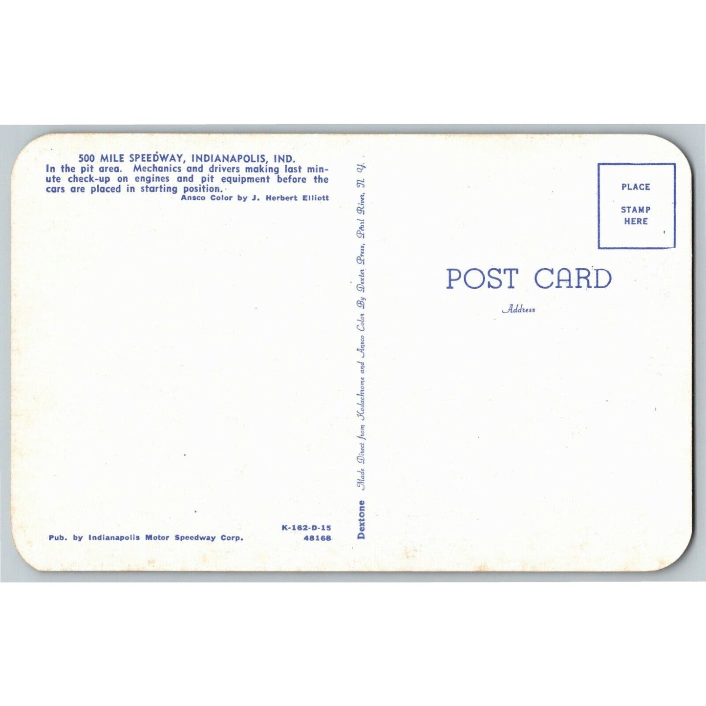 Indy 500 Postcard 1950 "500 Mile Speedway - In the Pit Area" Rounded Edges