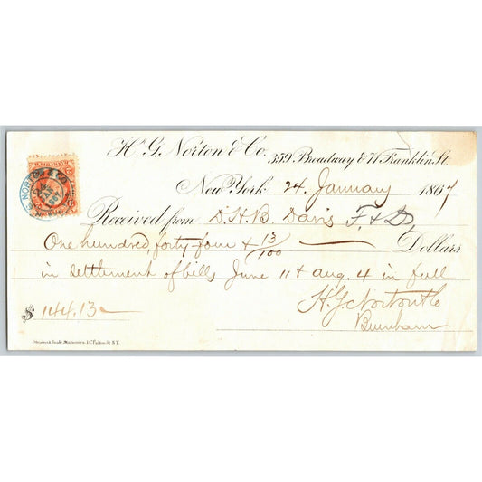 1867 H. G. Seaton & Co. 359 Broadway New York, NY $144.13 Bank Check