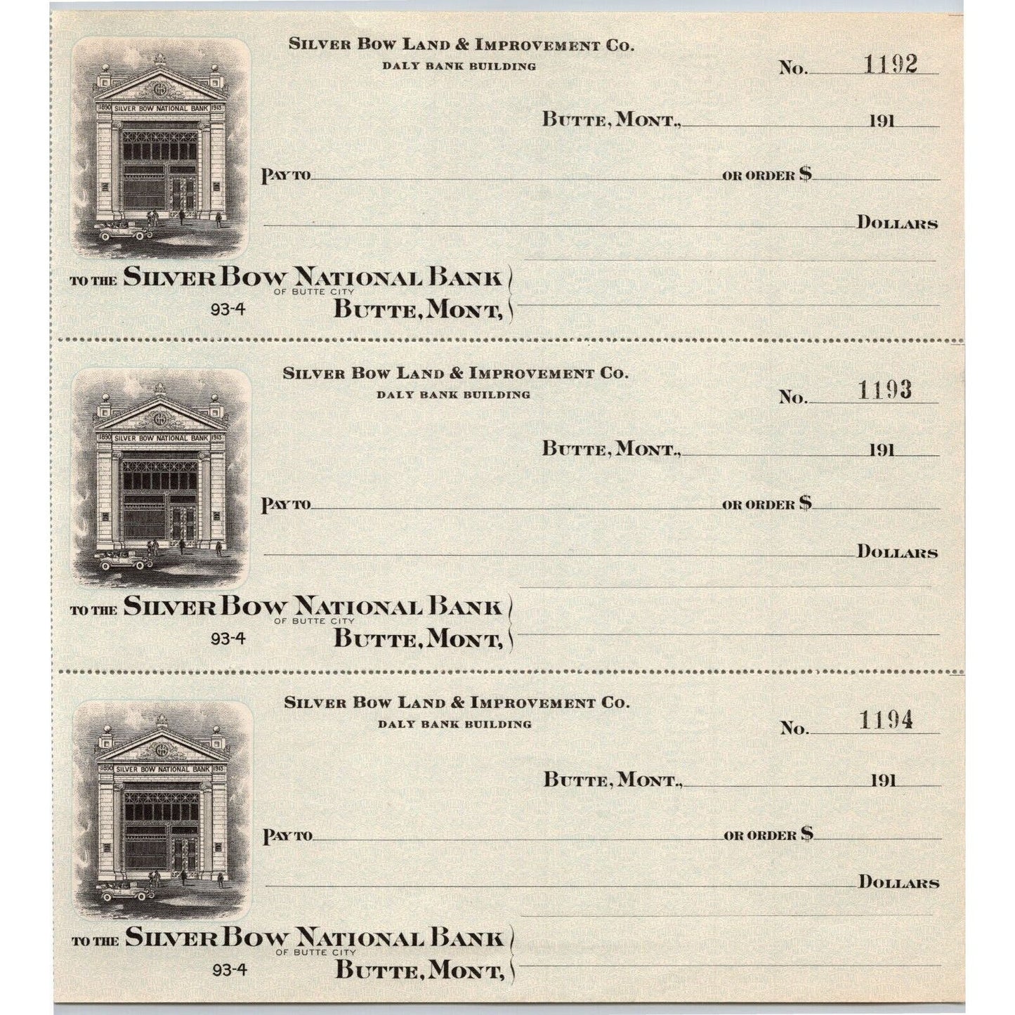 Butte, MT Silver Bow Land & Improvement Co. National Bank Check Sheet 1910