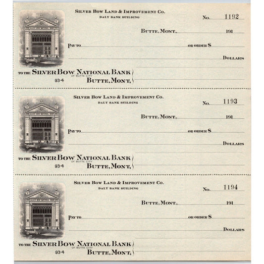Butte, MT Silver Bow Land & Improvement Co. National Bank Check Sheet 1910