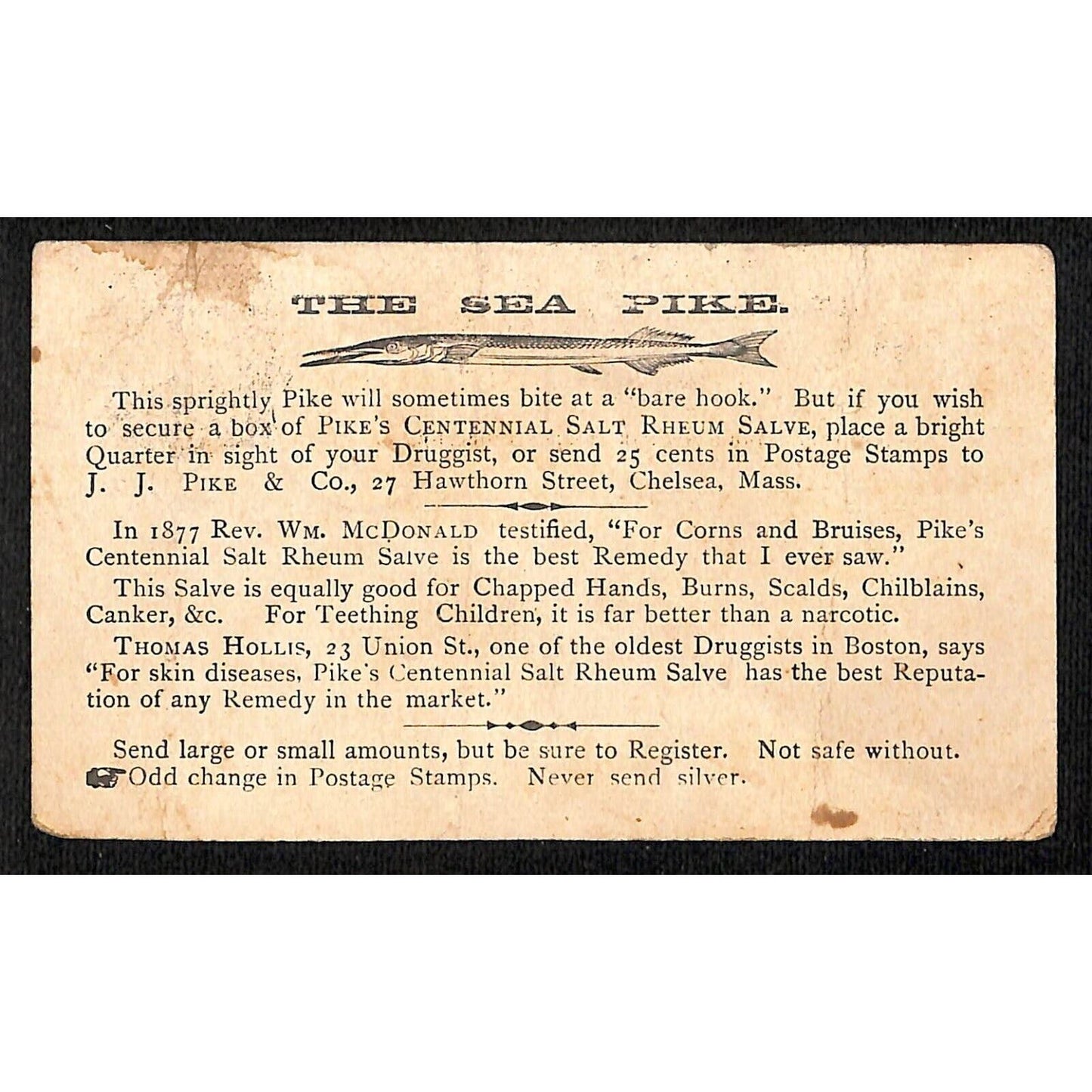 1883 "The Sea Pike" Pike's Centennial Salt Salve Advertising Postal Card
