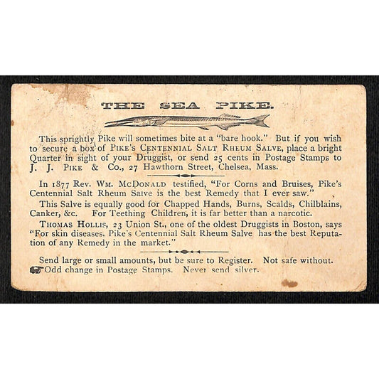 1883 "The Sea Pike" Pike's Centennial Salt Salve Advertising Postal Card