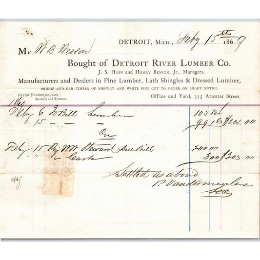 Detroit River Lumber Co. Letterhead Pine Lath Shingles Dressed Lumber 1869
