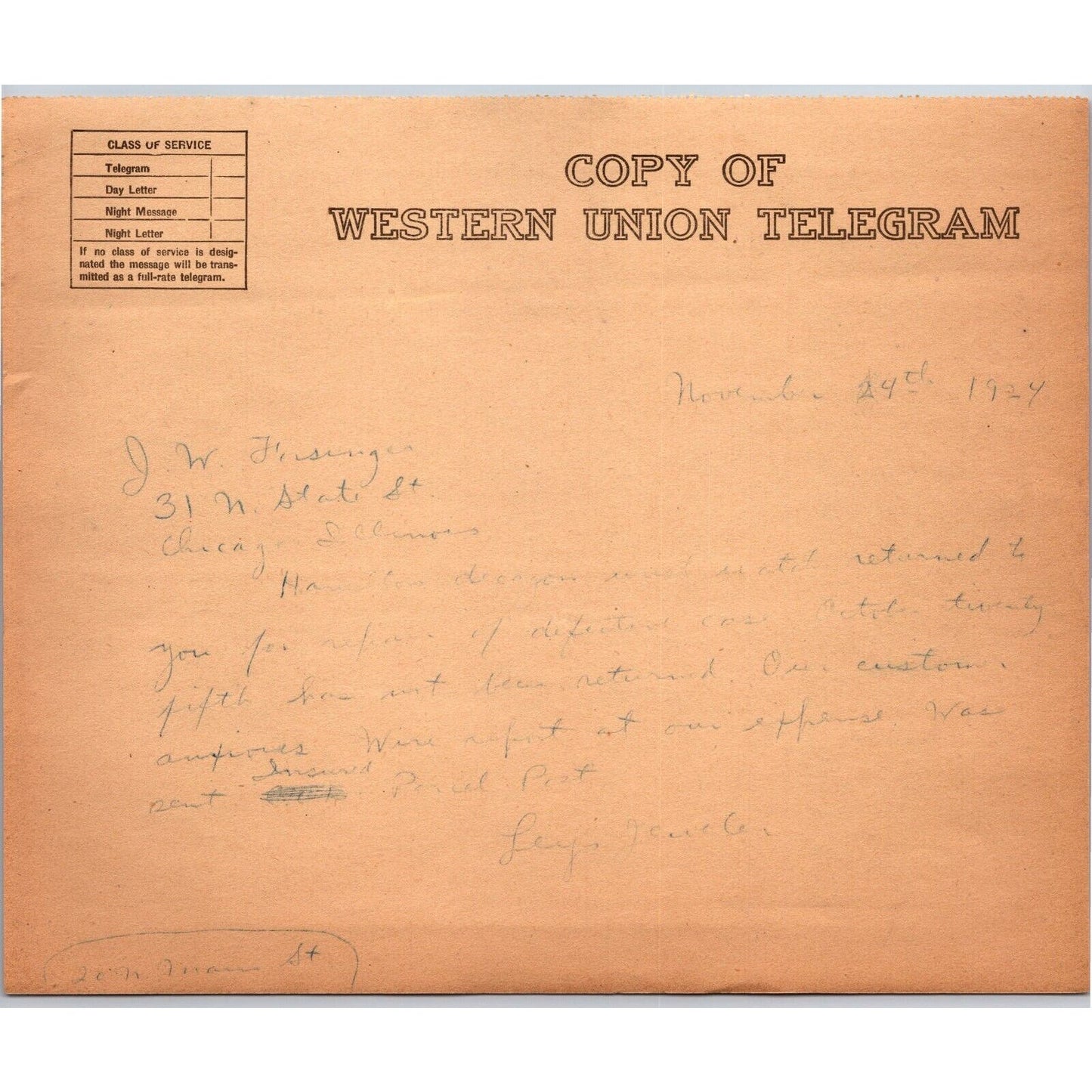 "Leys" Jewelers Butte, MT 1924 WU Telegram Copy re: Wrist Watch