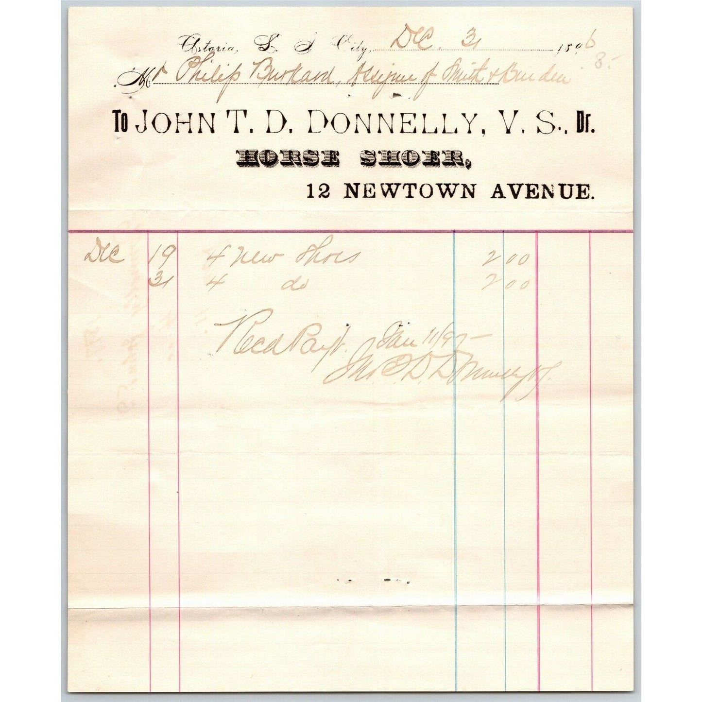 John T.D. Connelly Horse Shoer Astoria L. I. City NY 1896 Letterhead Billhead