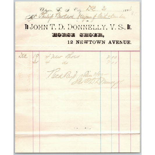 John T.D. Connelly Horse Shoer Astoria L. I. City NY 1896 Letterhead Billhead