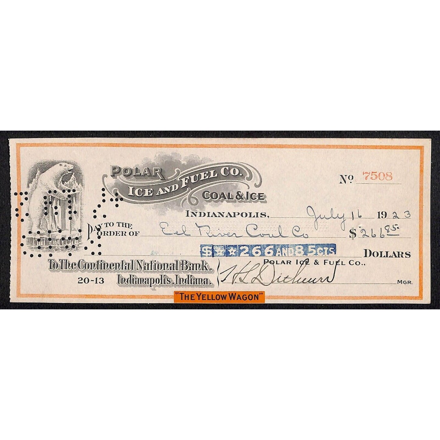 Indianapolis, IN Bank Check 1923 "The Polar Ice and Fuel Co." w/ Polar Bear Art